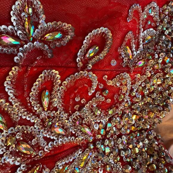 Mac Duggal Red and Gold Strapless Prom Dress - Picture 9 of 16